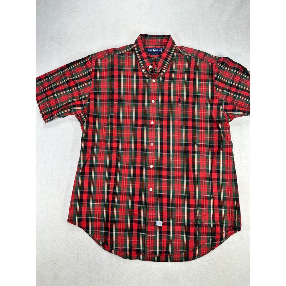 Ralph Lauren Mens Red Plaid Seersucker Short Sleeve Button Down Shirt Large L
